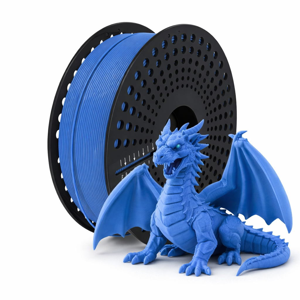 Matte Blue pla 3D printed dragon model next to a spool of blue filament on a white background