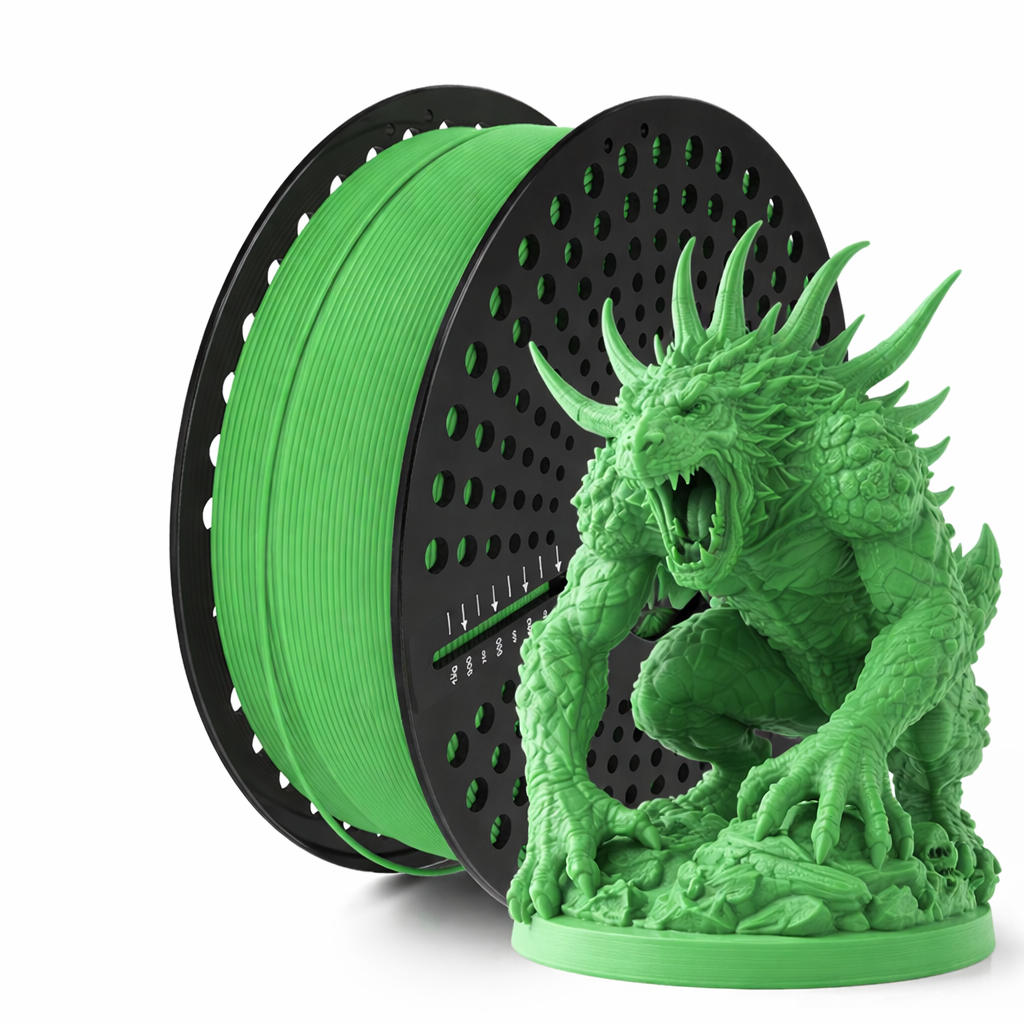 Matte Green pla 3D printing filament spool with a green dragon sculpture on a white background