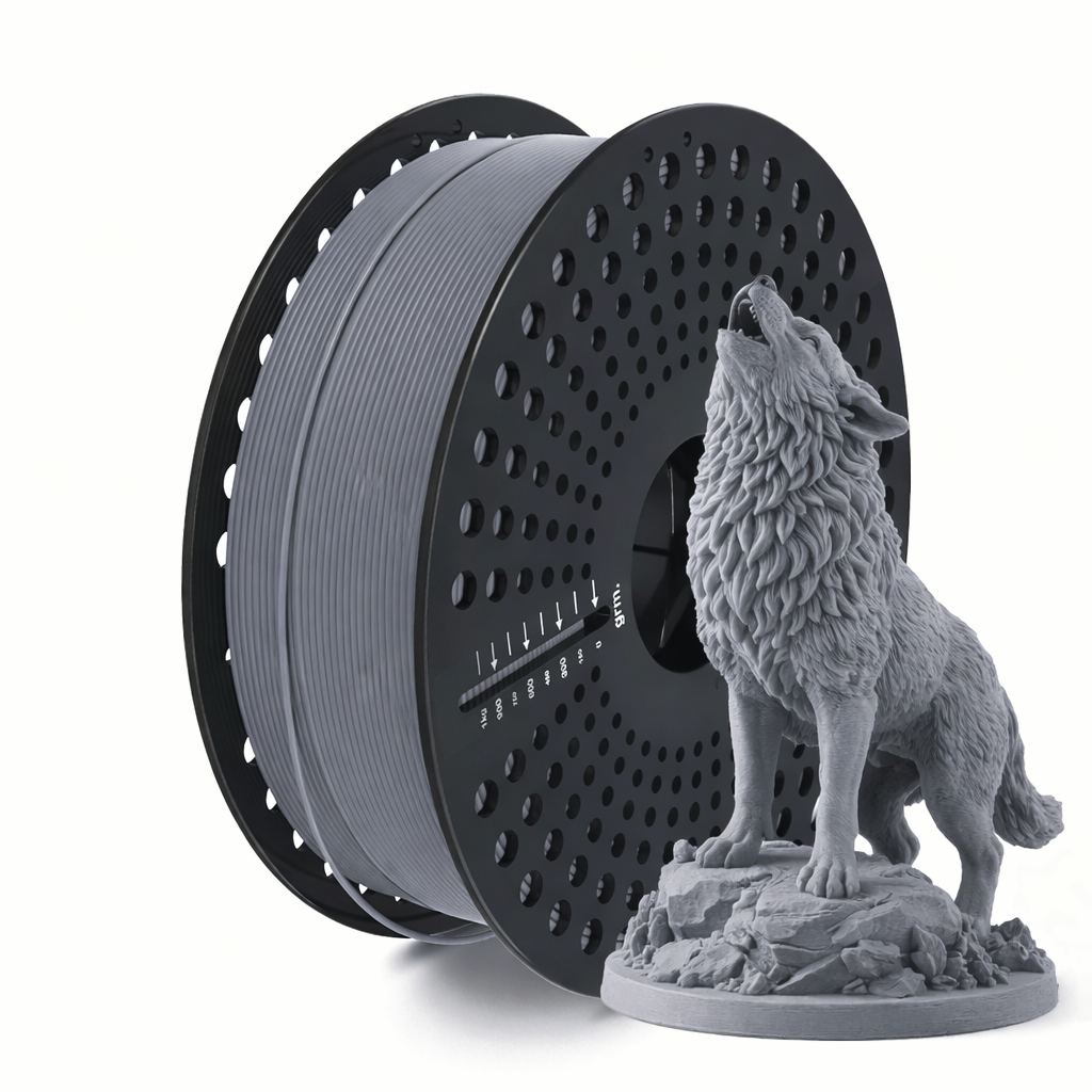Matte grey pla 3D printing filament with a wolf sculpture on a white background