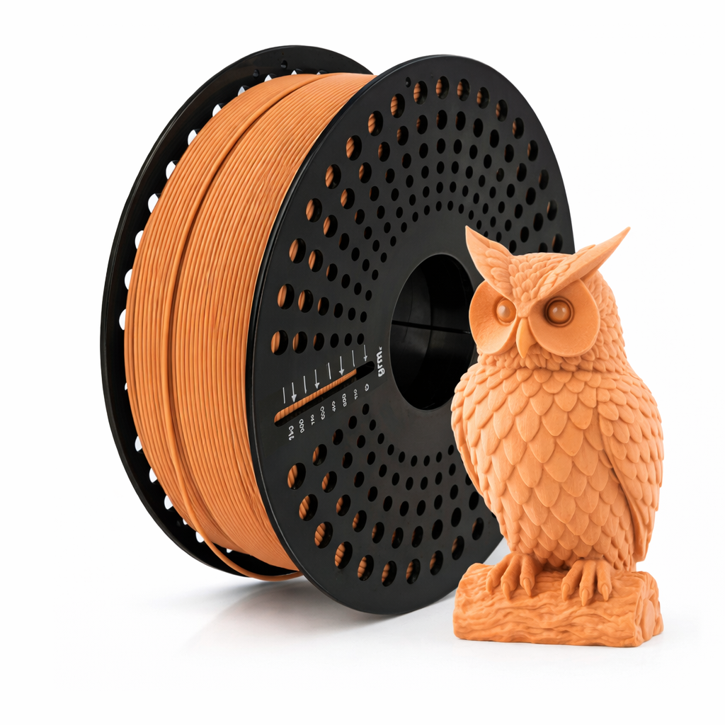 Matte orange pla filament and a 3D-printed owl figurine on a white background