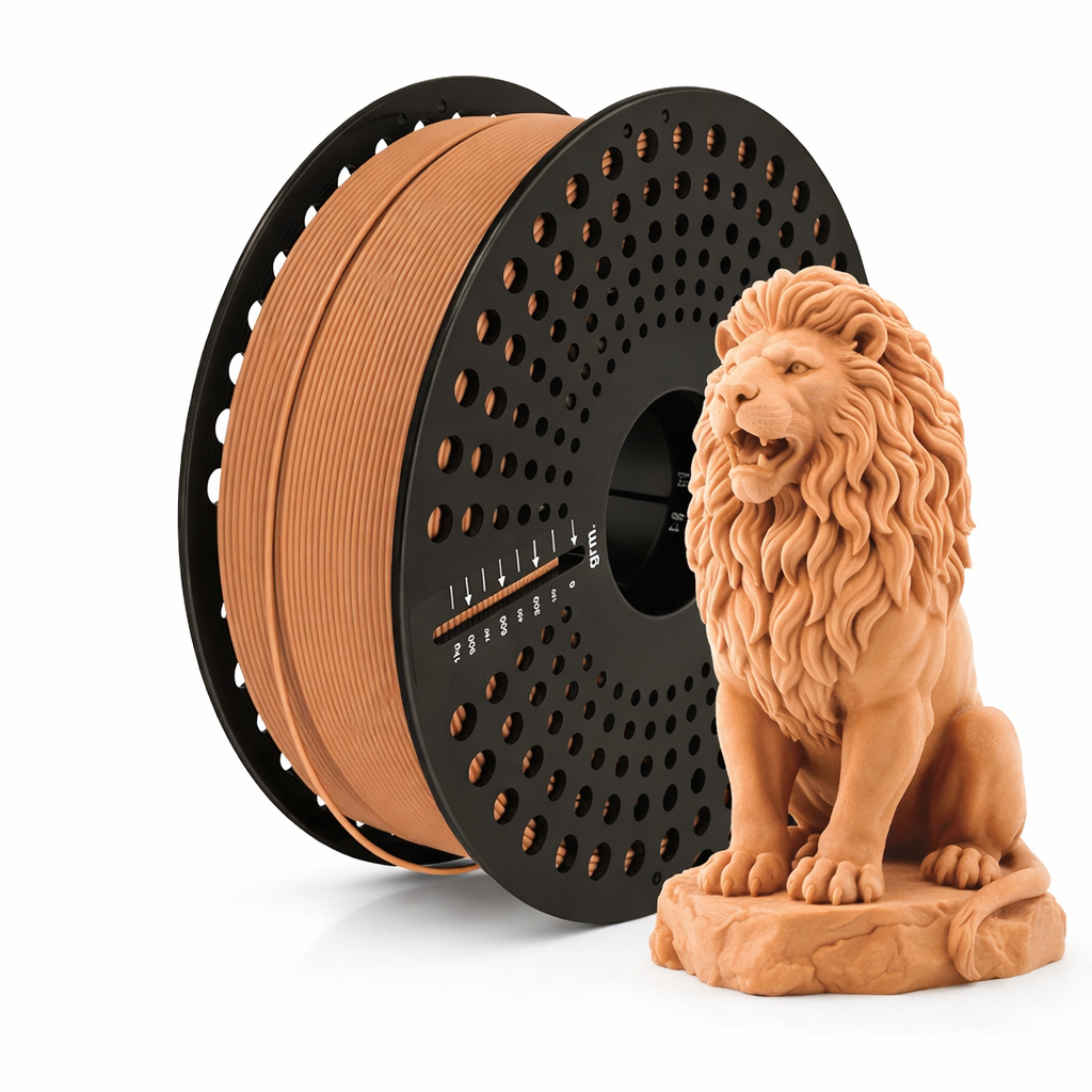 Matte pink pla filament and lion statue on a white background