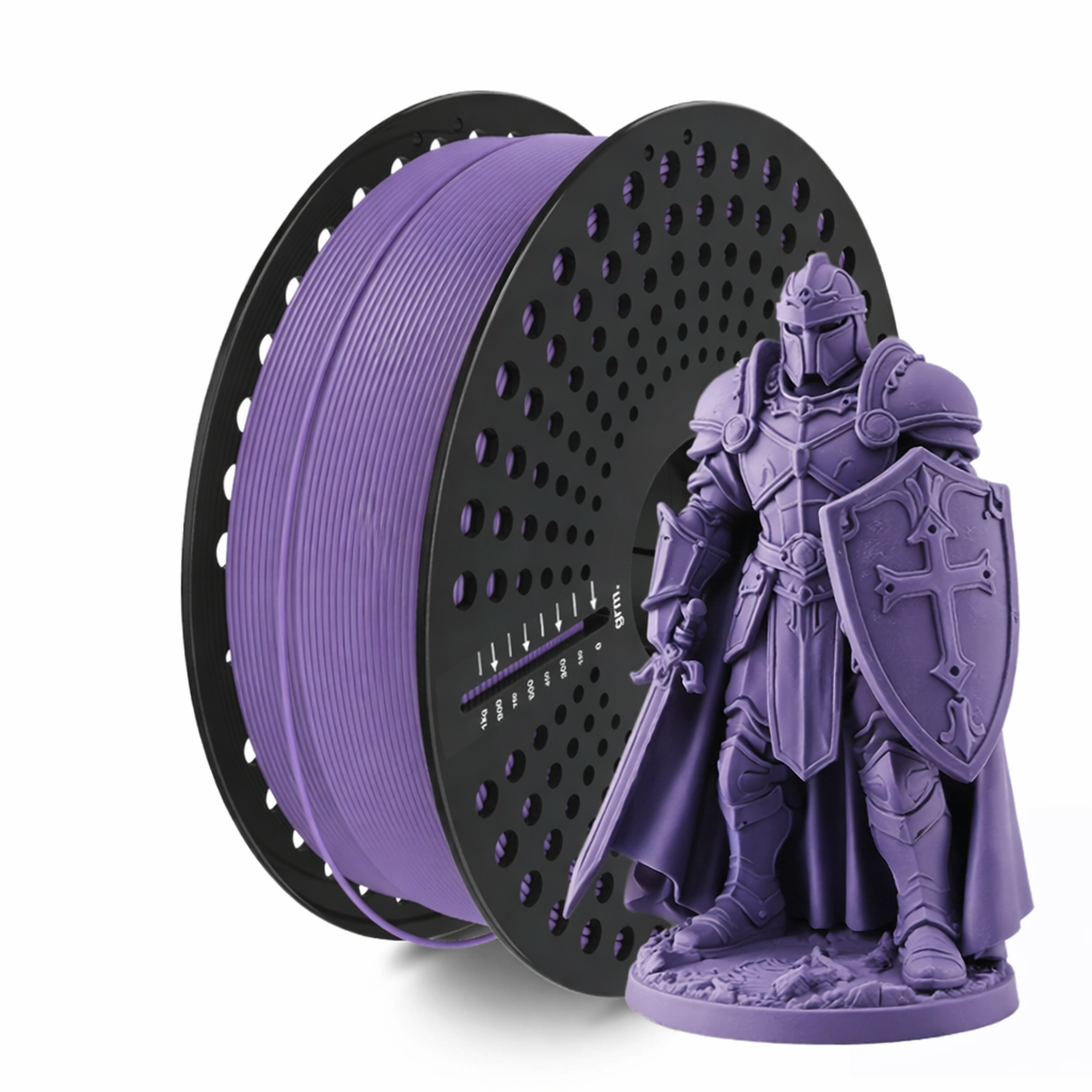 Matte purple pla filament and a 3D-printed knight figure on a white background