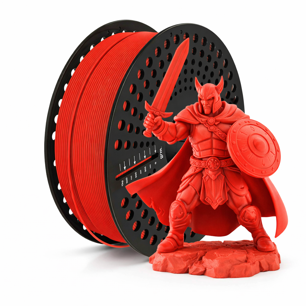 Matte Red pla filament with warrior figurine with a sword and shield