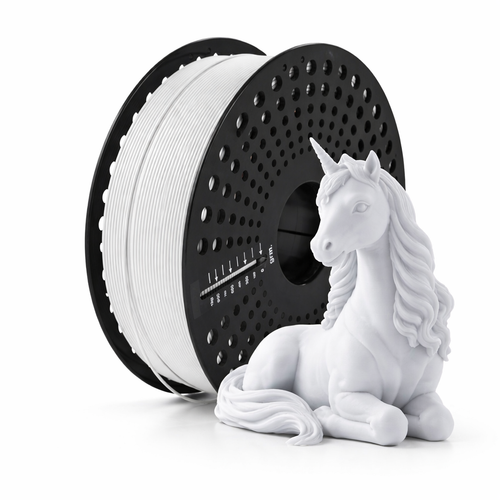 Matte white pla filament and unicorn figurine on a white background