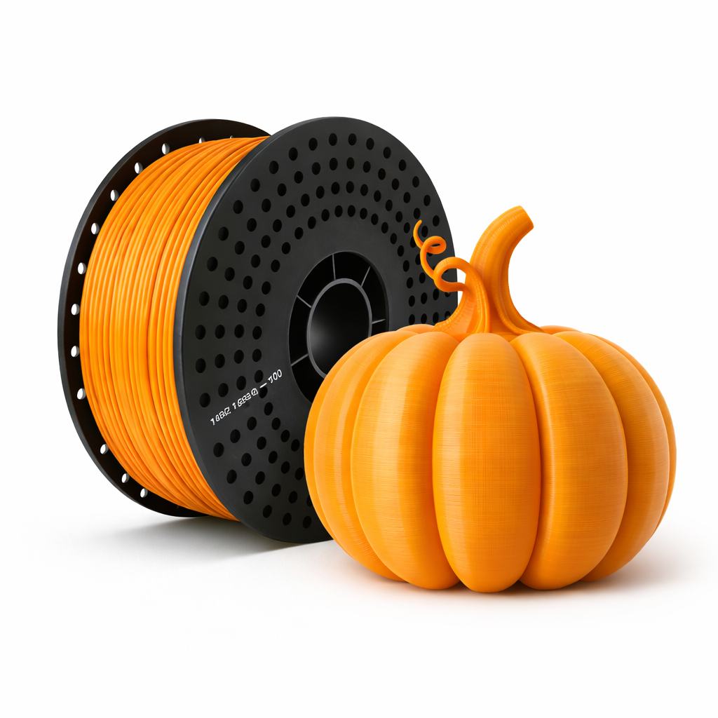 Spool of orange pla filament and 3D-printed pumpkin on a white background