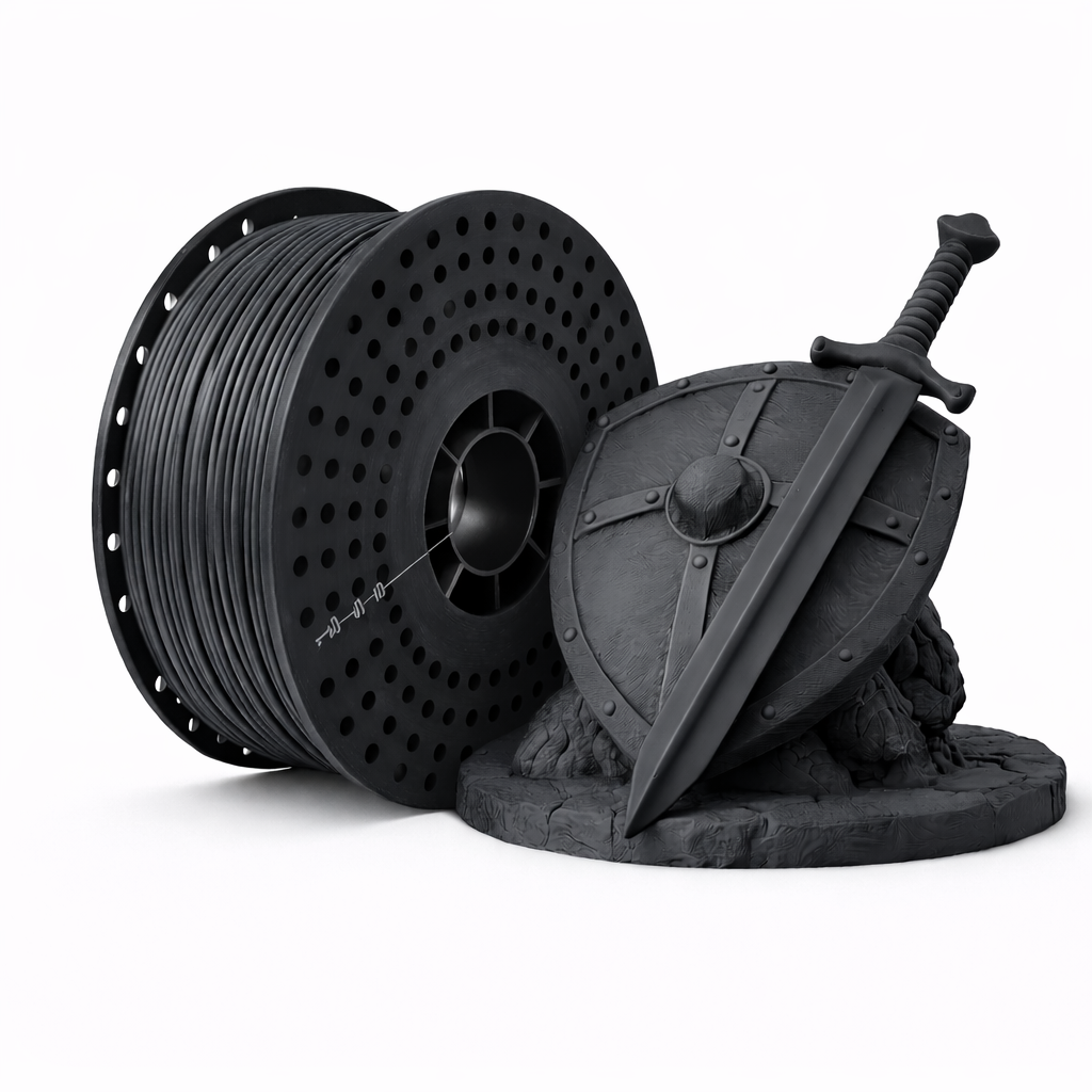 stone grey pla 3D printing filament spool with a shield and sword model on a white background