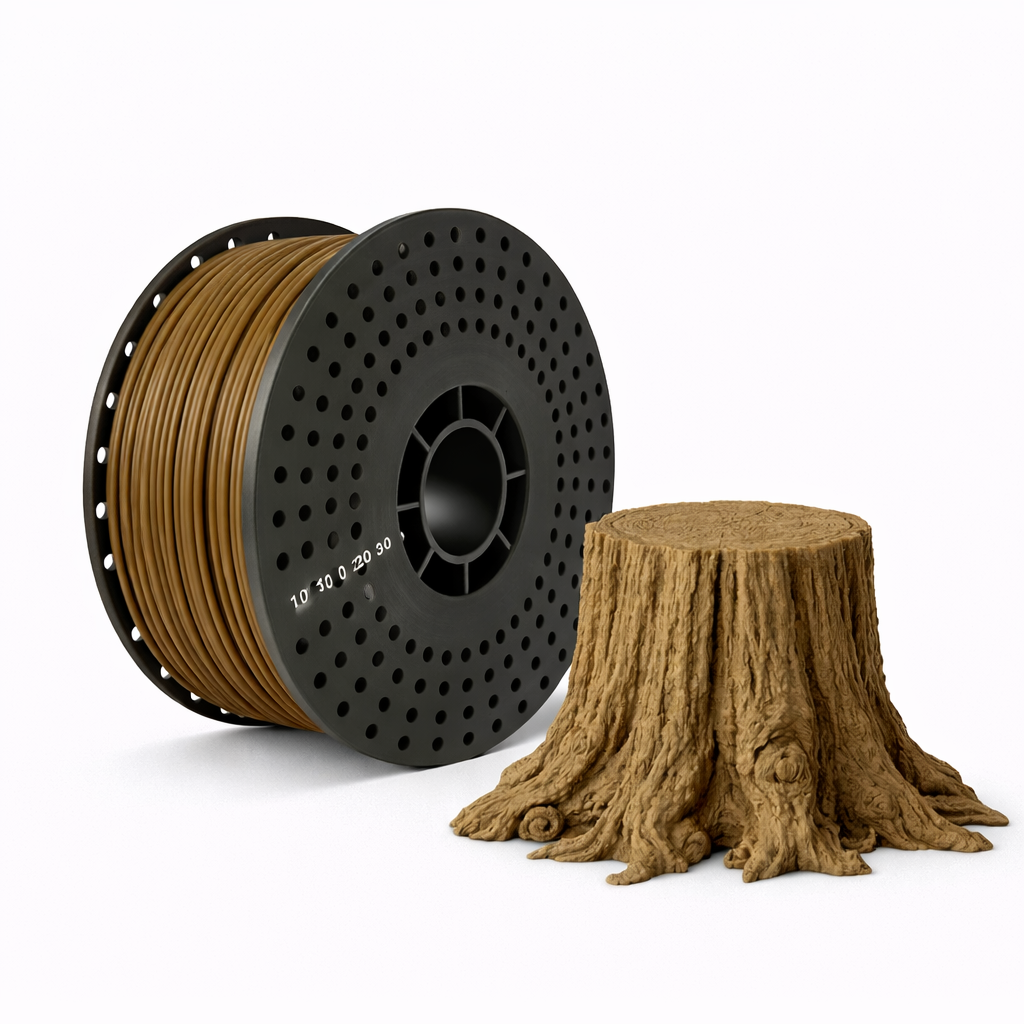 Spool of brown pla filament and a wooden log on a white background