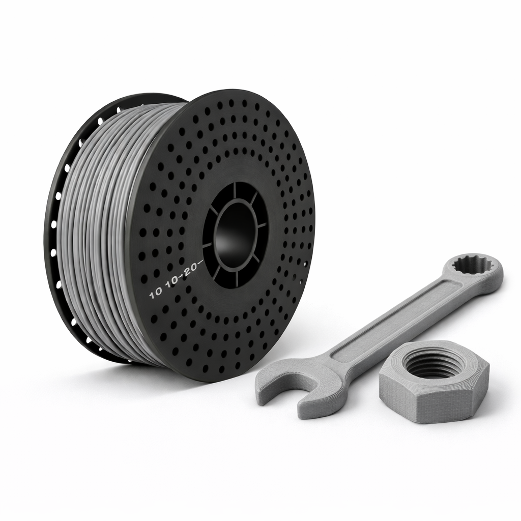 Spool of gray filament with a wrench and nut on a white background