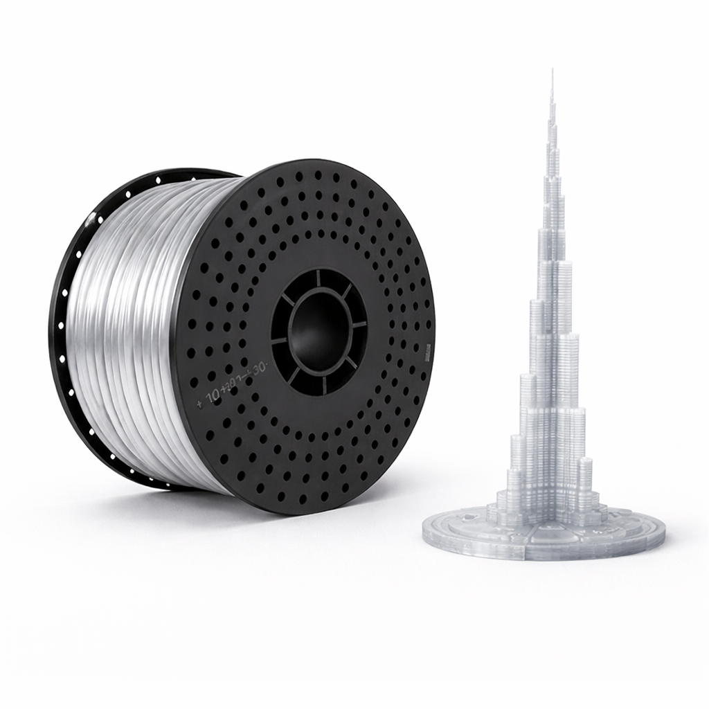 Spool of clear pla filament and 3D printed model of a skyscraper on a white background