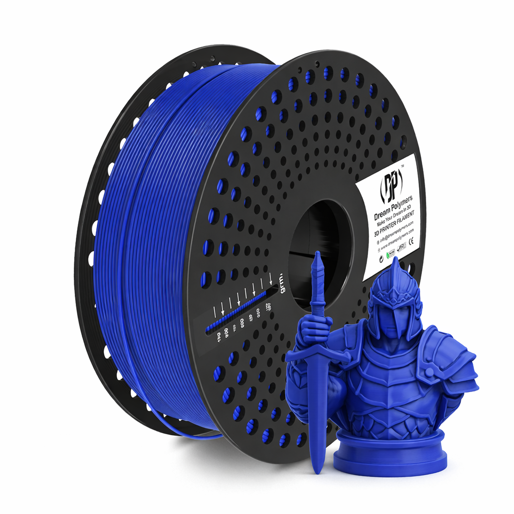 Spool of dark blue 3D printing filament and a blue 3D printed figurine on a white background
