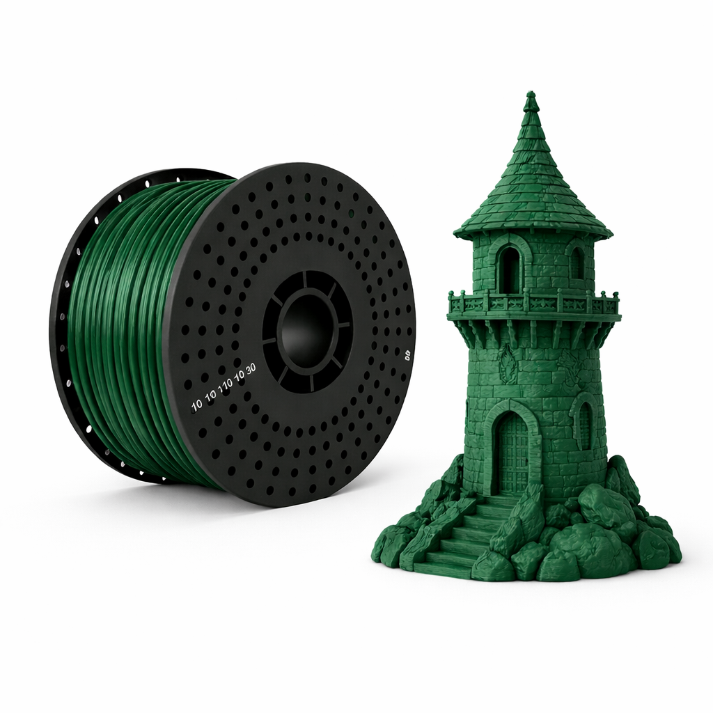 Spool of green pla filament next to a small green 3D-printed castle on a white background