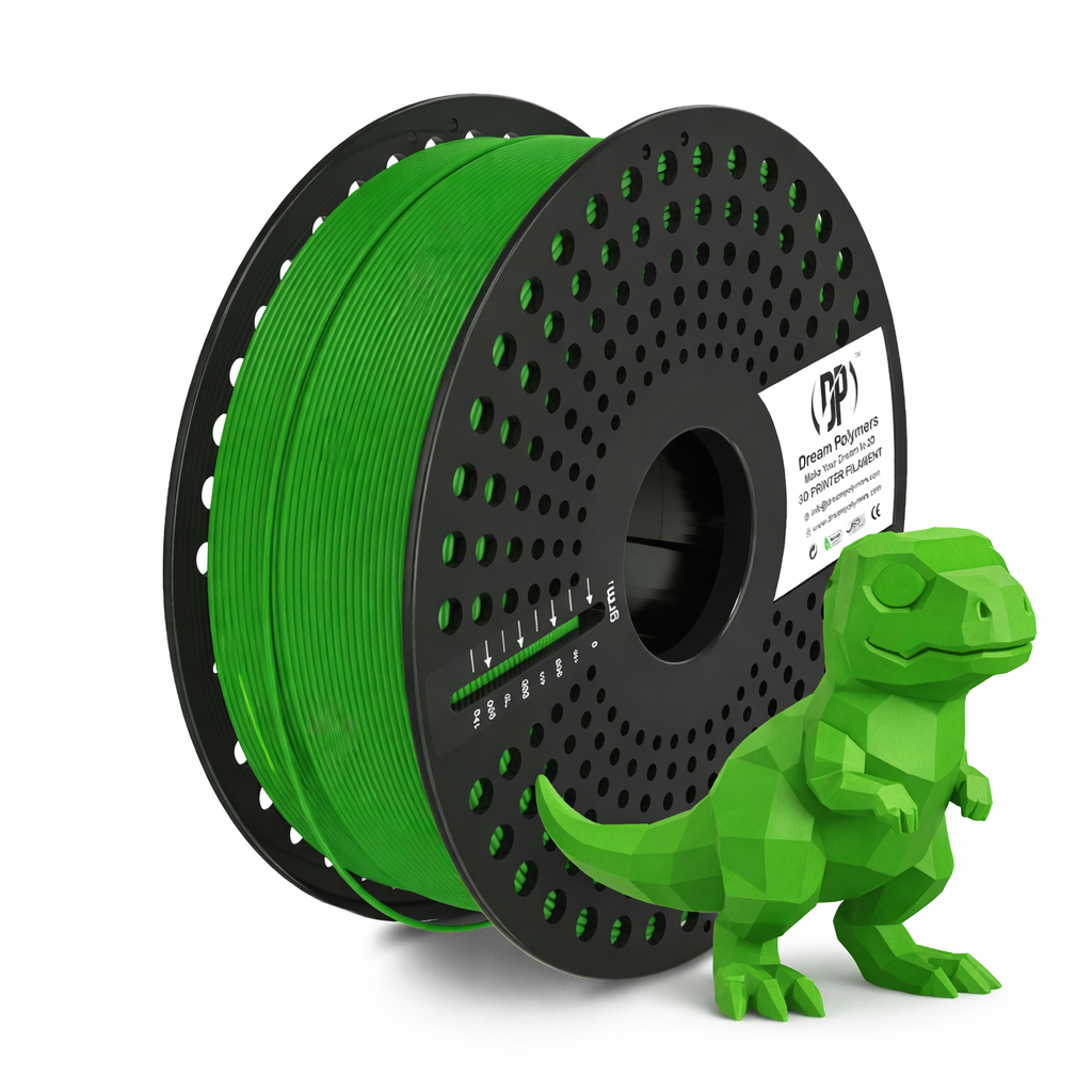 Spool of green 3D printing filament and a green dinosaur model on a white background