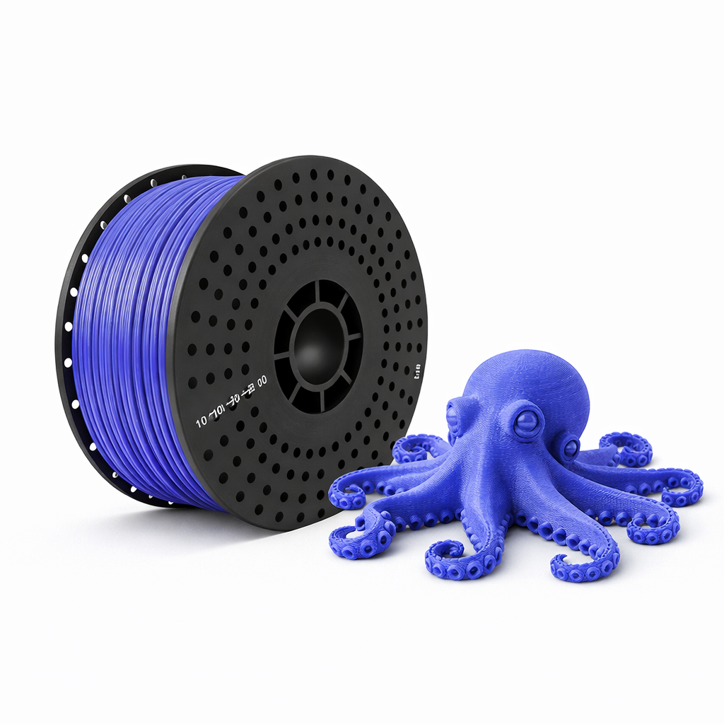 Spool of blue pla 3D printing filament next to a 3D printed blue octopus model on a white background