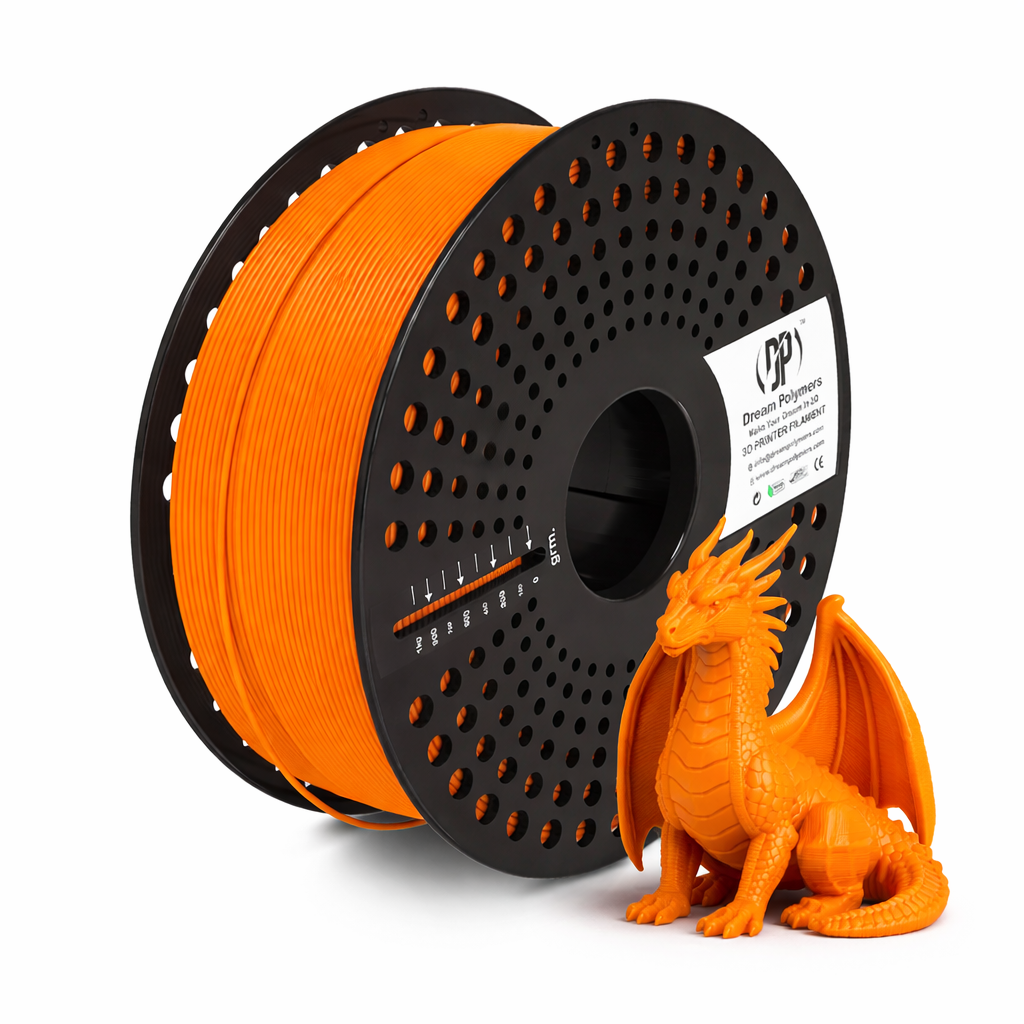 Spool of orange 3D printing filament and a small orange dragon model on a white background