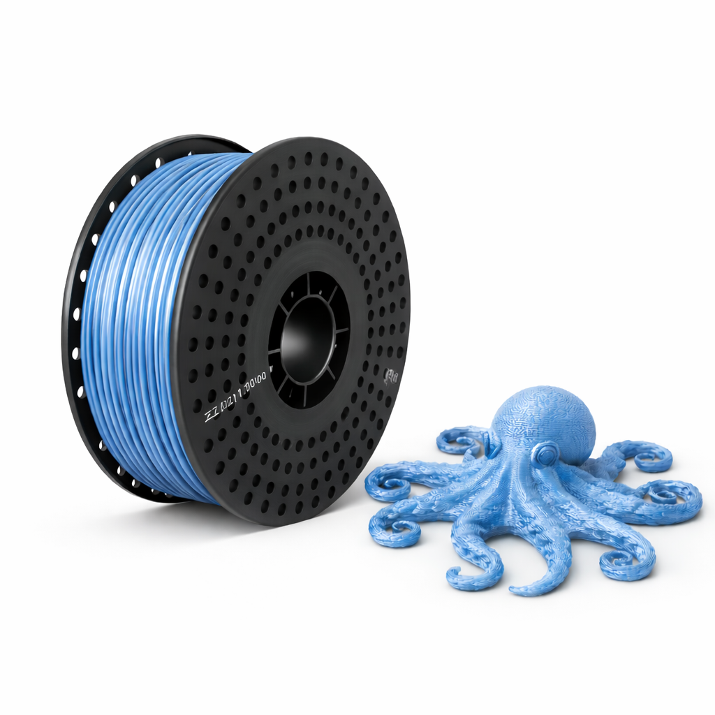 Spool of blue pla filament and 3D printed octopus model on a white background
