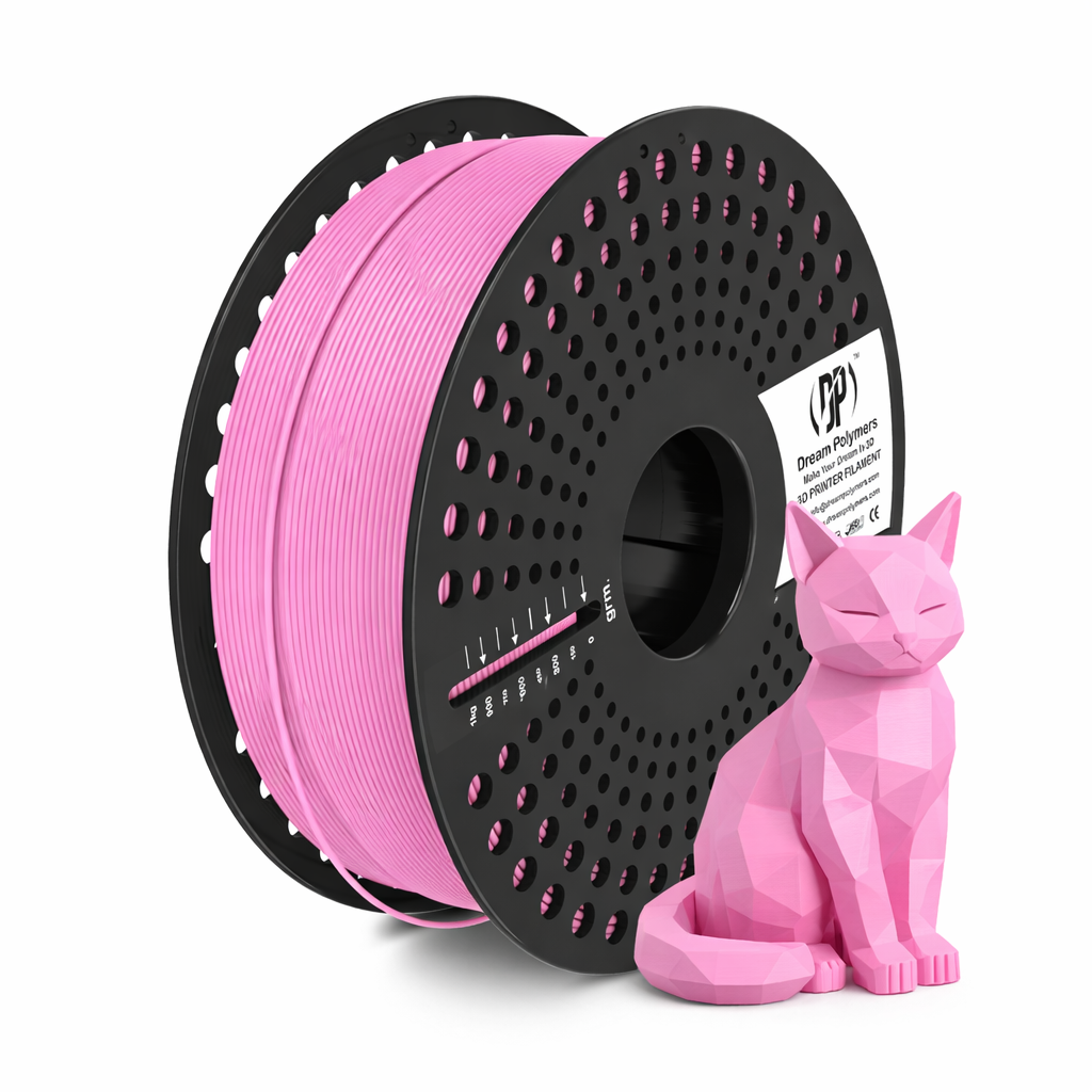 Spool of pink filament and a pink cat figurine on a white background