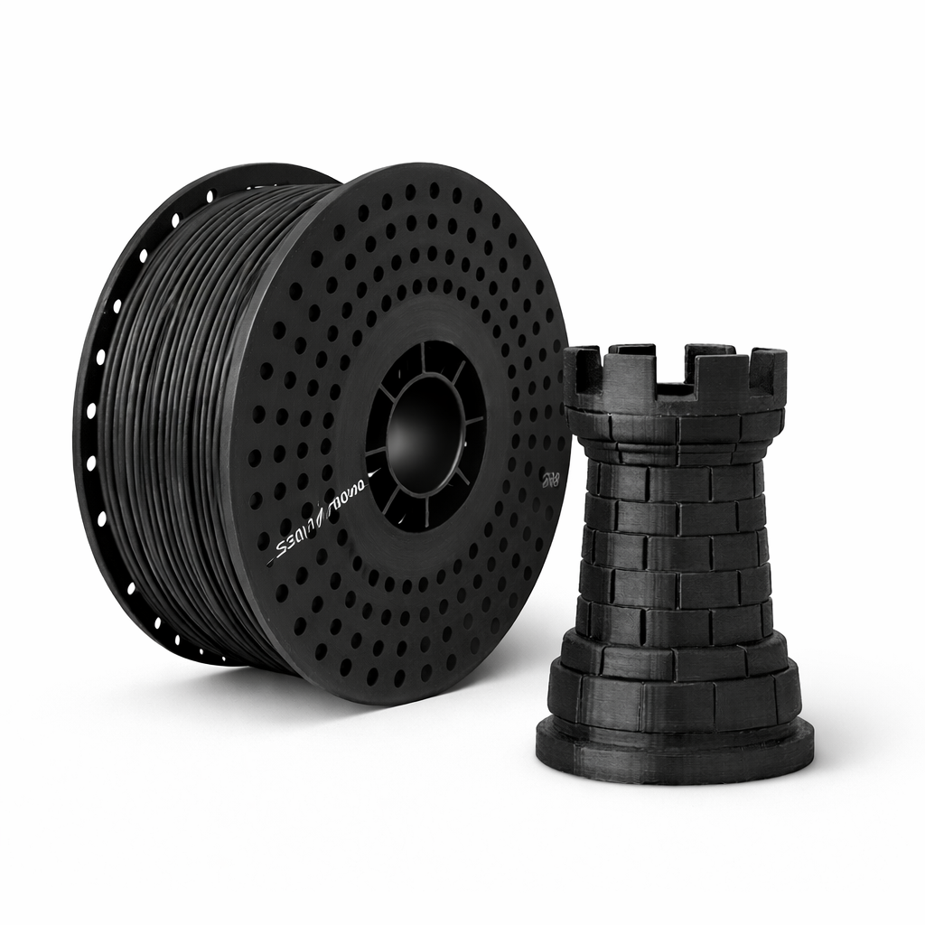 Spool of black pla 3D printing filament next to a small 3D printed object on a white background