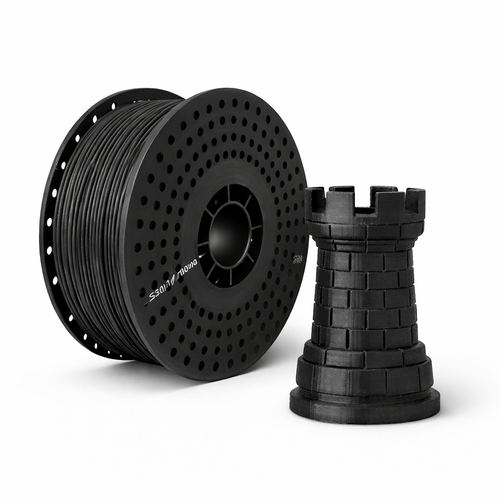 Spool of black pla 3D printing filament next to a small 3D printed object on a white background