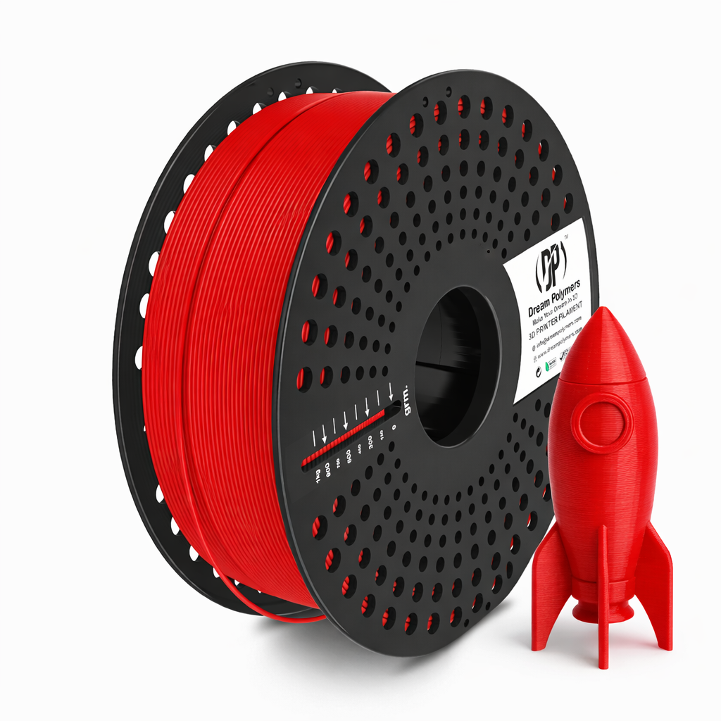 Red pla filament and red rocket model on a white background