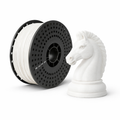 Spool of white pla filament next to a white 3D-printed horse figure on a white background