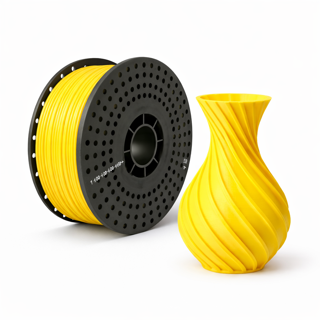 Yellow pla 3D printing filament spool next to a yellow 3D printed vase on a white background