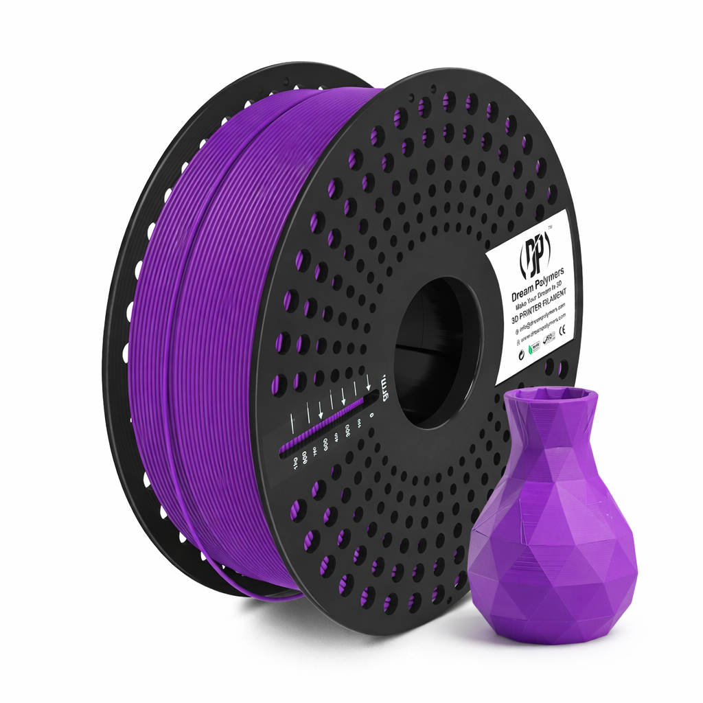Spool of purple 3D printing filament with a small purple 3D printed object on a white background
