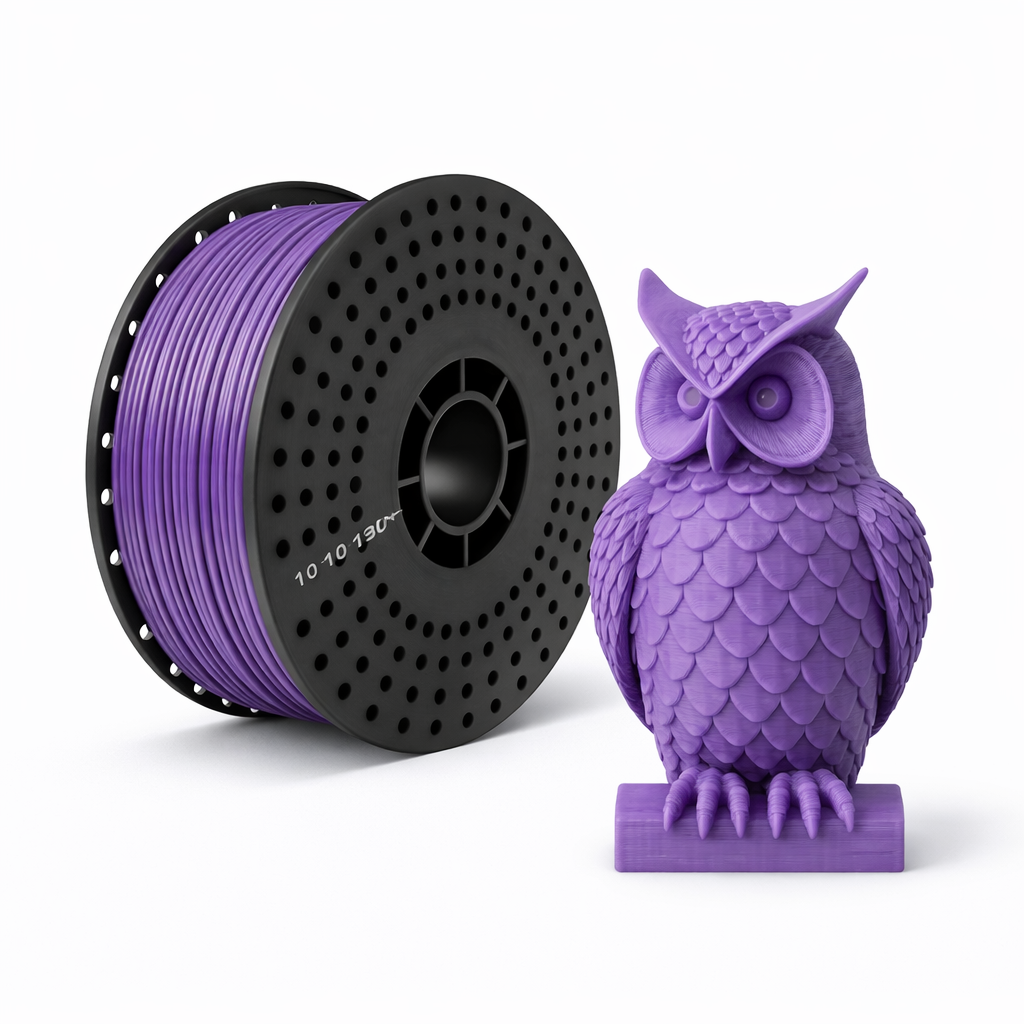 Spool of purple pla 3D printing filament next to a purple owl figurine on a white background