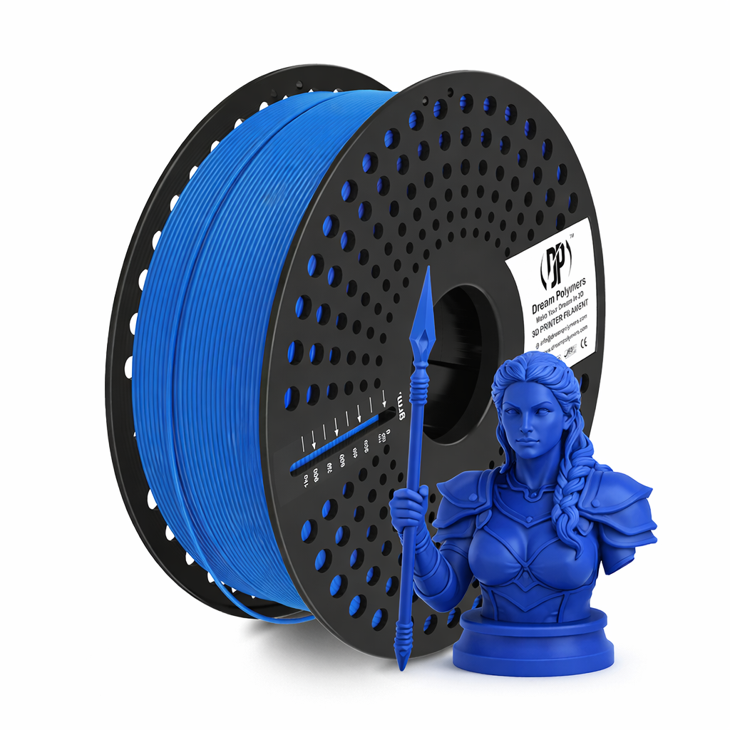 Spool of sky blue filament and a blue 3D-printed figurine on a white background
