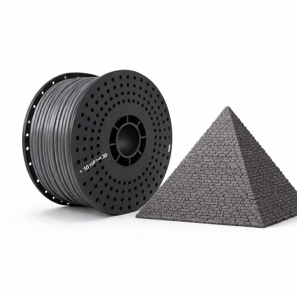 Spool of gray 3D printing filament and a pyramid-shaped object made from it on a white background