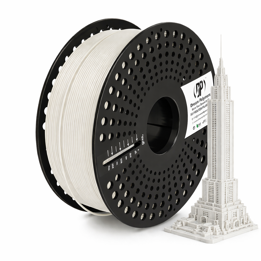 Spool of white 3D printing filament with a 3D printed model of a tower on a white background