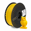 Spool of yellow 3D printing filament and a yellow owl model on a white background