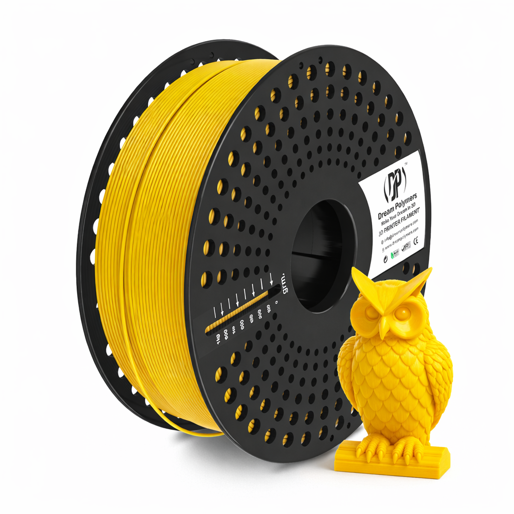 Spool of yellow 3D printing filament and a yellow owl model on a white background
